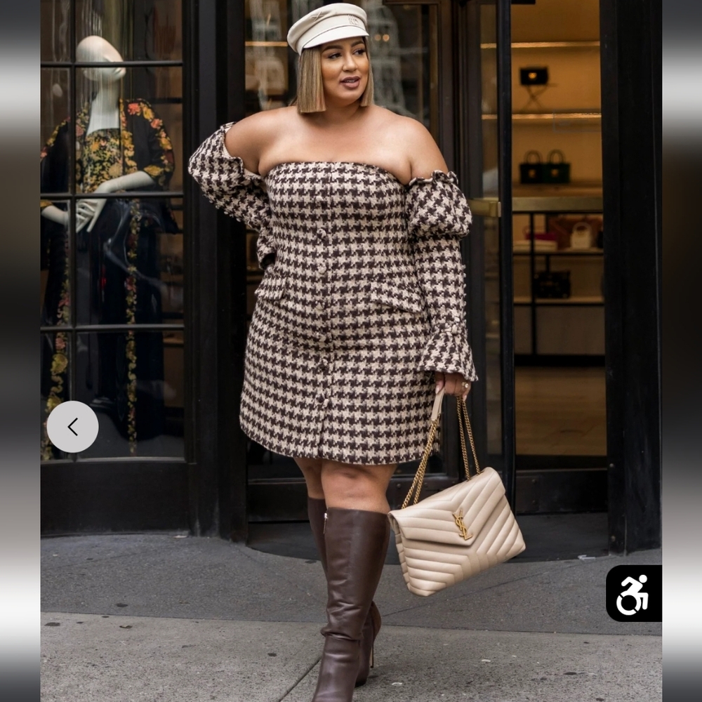 Houndstooth Off-Shoulder Mini Blazer Dress
